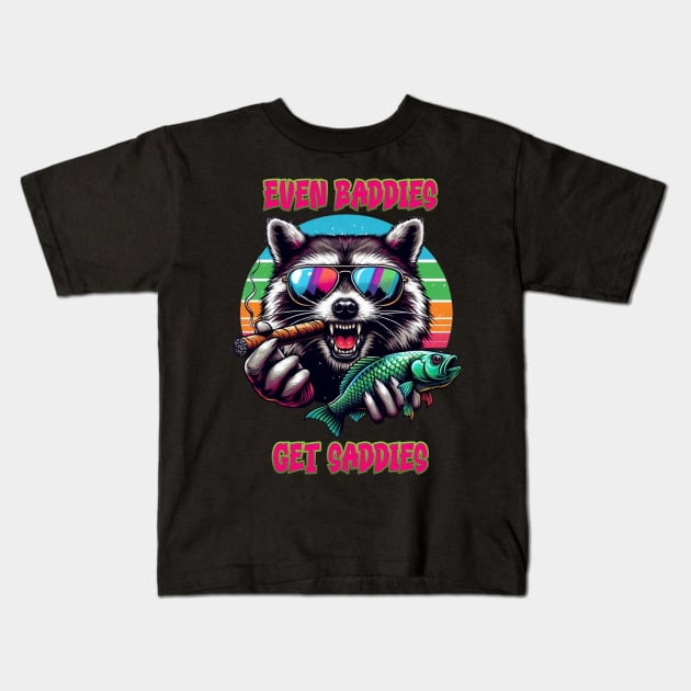 Even Baddies Get Saddies Racoon With A Fish Kids T-Shirt by coollooks